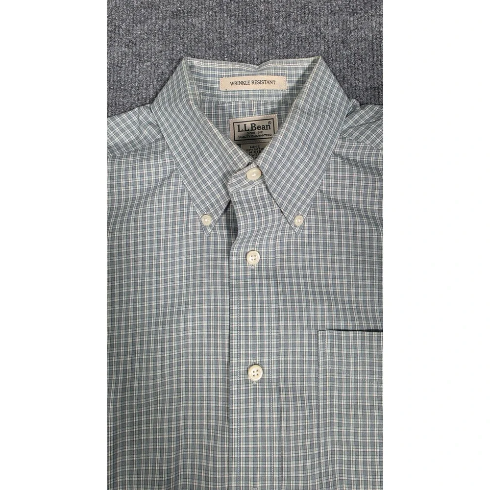 LL Bean Mens Wrinkle Resistant Button Down Shirt‎ Green Blue Check M-Reg 0WT48